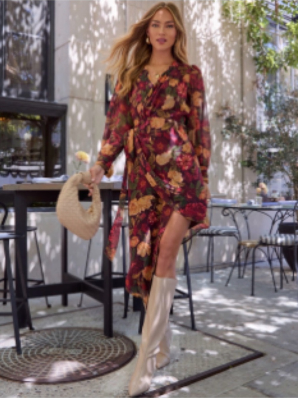 Vici Harvest Love Floral Print Wrap Midi Dress - Burgundy,Brown,Mustard,& Olive
